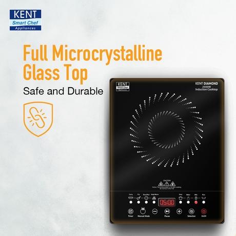 KENT Diamond Induction Cooktop 2000 W, 8 Preset Menu, Full Microcrystalline Glass, Feather Touch Buttons & Led Display, Milk Boiling & Keep Warm Function, Overheat Protection & Auto Turn-Off, Radiant, Black-5