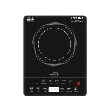 KENT Star Induction Cooktop 3000 W, 6 Preset Menu, Full Microcrystalline Glass, Feather Touch Buttons & LED Display, Milk Boiling & Turbo Cooking Function, Overheat Protection & Auto Turn-Off, Black-0