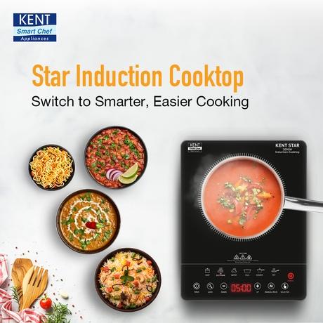 KENT Star Induction Cooktop 3000 W, 6 Preset Menu, Full Microcrystalline Glass, Feather Touch Buttons & LED Display, Milk Boiling & Turbo Cooking Function, Overheat Protection & Auto Turn-Off, Black-1