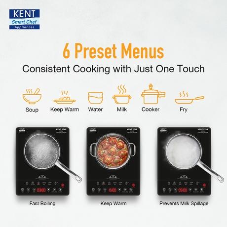 KENT Star Induction Cooktop 3000 W, 6 Preset Menu, Full Microcrystalline Glass, Feather Touch Buttons & LED Display, Milk Boiling & Turbo Cooking Function, Overheat Protection & Auto Turn-Off, Black-2
