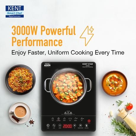 KENT Star Induction Cooktop 3000 W, 6 Preset Menu, Full Microcrystalline Glass, Feather Touch Buttons & LED Display, Milk Boiling & Turbo Cooking Function, Overheat Protection & Auto Turn-Off, Black-3