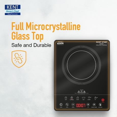 KENT Star Induction Cooktop 3000 W, 6 Preset Menu, Full Microcrystalline Glass, Feather Touch Buttons & LED Display, Milk Boiling & Turbo Cooking Function, Overheat Protection & Auto Turn-Off, Black-5