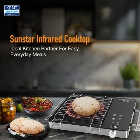 KENT Sunstar Infrared Cooktop 2000 W, 3 Preset Menus, Grill Stand to BBQ & Roast, Microcrystalline Glass, Digital Functions with LED Display, Adjustable Temperature Knob , SS Handle, Auto Cut-Off-2
