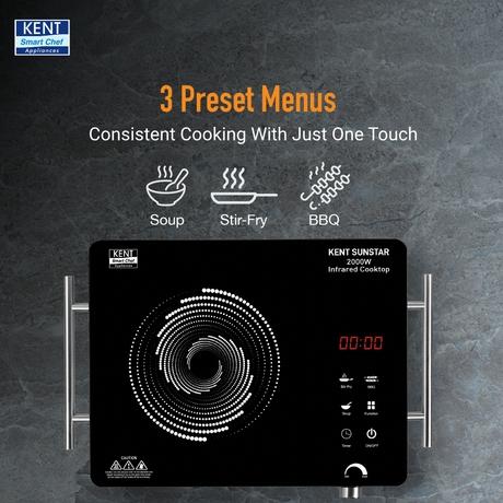 KENT Sunstar Infrared Cooktop 2000 W, 3 Preset Menus, Grill Stand to BBQ & Roast, Microcrystalline Glass, Digital Functions with LED Display, Adjustable Temperature Knob , SS Handle, Auto Cut-Off-3