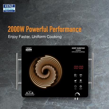 KENT Sunstar Infrared Cooktop 2000 W, 3 Preset Menus, Grill Stand to BBQ & Roast, Microcrystalline Glass, Digital Functions with LED Display, Adjustable Temperature Knob , SS Handle, Auto Cut-Off-4