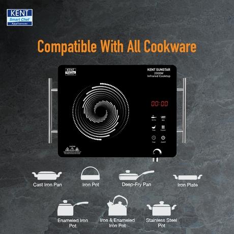 KENT Sunstar Infrared Cooktop 2000 W, 3 Preset Menus, Grill Stand to BBQ & Roast, Microcrystalline Glass, Digital Functions with LED Display, Adjustable Temperature Knob , SS Handle, Auto Cut-Off-5