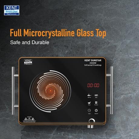 KENT Sunstar Infrared Cooktop 2000 W, 3 Preset Menus, Grill Stand to BBQ & Roast, Microcrystalline Glass, Digital Functions with LED Display, Adjustable Temperature Knob , SS Handle, Auto Cut-Off-7