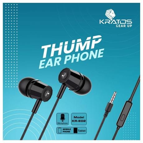 Kratos KR E02 Thump Ear Wired Earphone with Mic, 3.5 mm jack, Dynamic stereo, powerful bass with 6 months warranty, Black-2