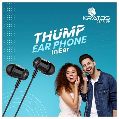 Kratos KR E02 Thump Ear Wired Earphone with Mic, 3.5 mm jack, Dynamic stereo, powerful bass with 6 months warranty, Black-3