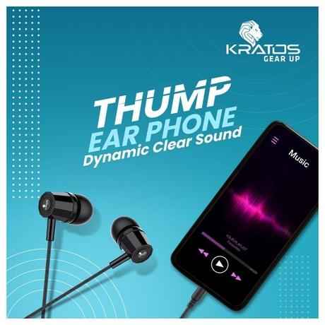 Kratos KR E02 Thump Ear Wired Earphone with Mic, 3.5 mm jack, Dynamic stereo, powerful bass with 6 months warranty, Black-4