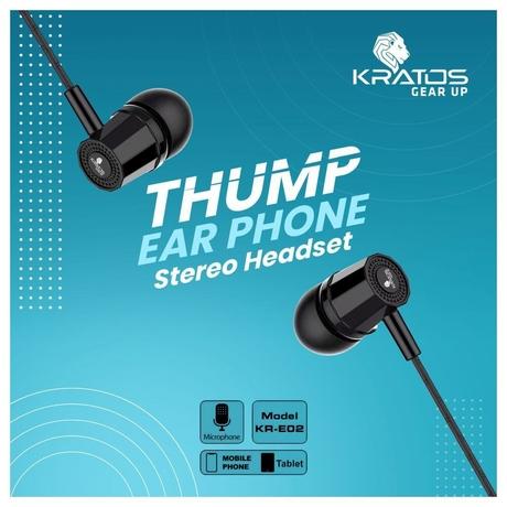 Kratos KR E02 Thump Ear Wired Earphone with Mic, 3.5 mm jack, Dynamic stereo, powerful bass with 6 months warranty, Black-5
