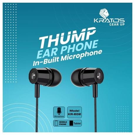 Kratos KR E02 Thump Ear Wired Earphone with Mic, 3.5 mm jack, Dynamic stereo, powerful bass with 6 months warranty, Black-6