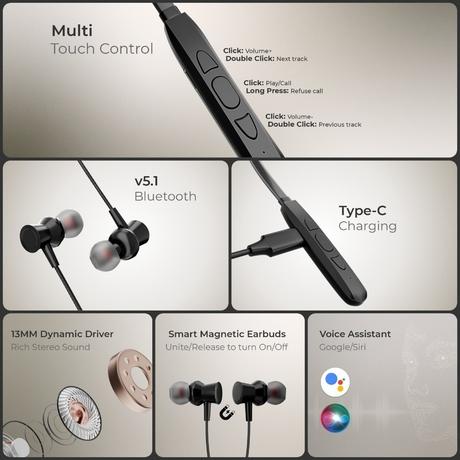 Kratos Impulse pro Bluetooth Neckband with 13 mm Drivers, Rich Music Experience, 30 Hours Playtime, Type C Fast Charging, Voice Assistant and IPX4 Water Resistant, Black-2