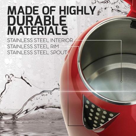 La' Forte 1.8L 1500W Stainless Steel Electric Kettle, Cord-Free, Auto Shut Off Boil-Dry Protection, EKLF001R, Red-2