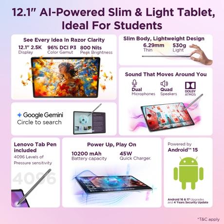 Lenovo Idea Tab Plus 30.73 cm (12.1 inch) WiFi + 5G Tablet with Pen, 256 GB, 12 GB RAM, Luna Grey, ZAGF0150IN-8