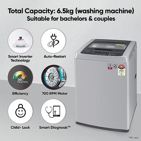 LG 6.5 Kg 5 Star Smart Inverter Fully-Automatic Top Loading Washing Machine (T65SKSF4Z, Middle Free Silver, Smart Diagnosis)-2