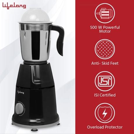 Lifelong Duos 500W 2 Jars Mixer Grinder, Overload Protection, Anti-Skid Feet,LLMG93, Black-1