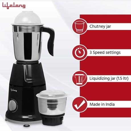 Lifelong Duos 500W 2 Jars Mixer Grinder, Overload Protection, Anti-Skid Feet,LLMG93, Black-3
