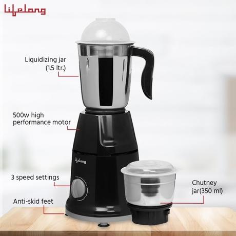 Lifelong Duos 500W 2 Jars Mixer Grinder, Overload Protection, Anti-Skid Feet,LLMG93, Black-5