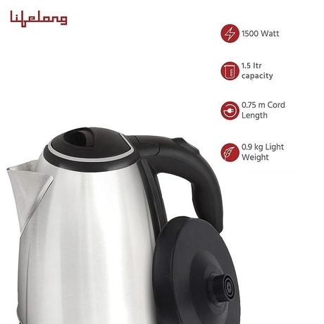 Lifelong 1.5L 1500W Stainless Steel Electric Kettle, Over-Heating Safety Protection, LLEK15, Silver-2