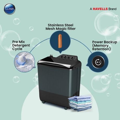 Lloyd 9 kg Semi Automatic, 5 Wash Program, Special Detergent Mix, Protective Rat Mesh, Grey, 5 Star (Elante XL GLWMS90HSGEX)-9
