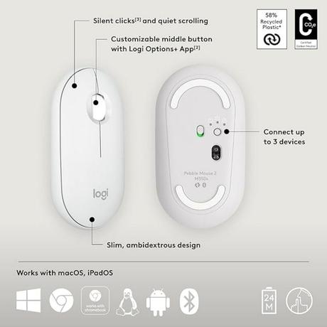 Logitech Pebble Mouse 2 M350s Slim Bluetooth Wireless Mouse, White-5