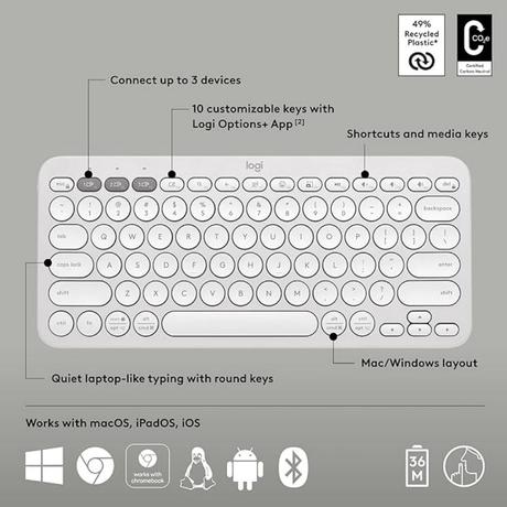 Logitech K380s Pebble Keys 2 Multi-Device Bluetooth Wireless Keyboard, White-5