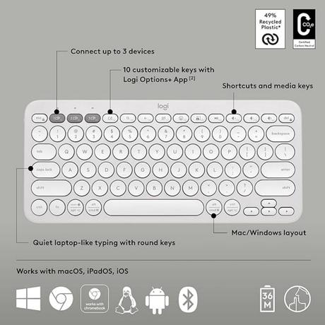 Logitech K380s Pebble Keys 2 Multi-Device Bluetooth Wireless Keyboard, White-5