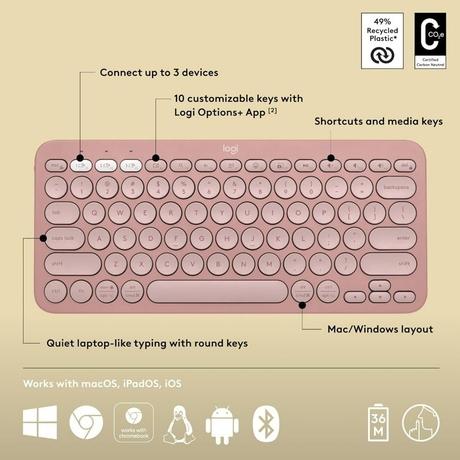 Logitech K380s Pebble Keys 2 Multi-Device Bluetooth Wireless Keyboard, Rose-6