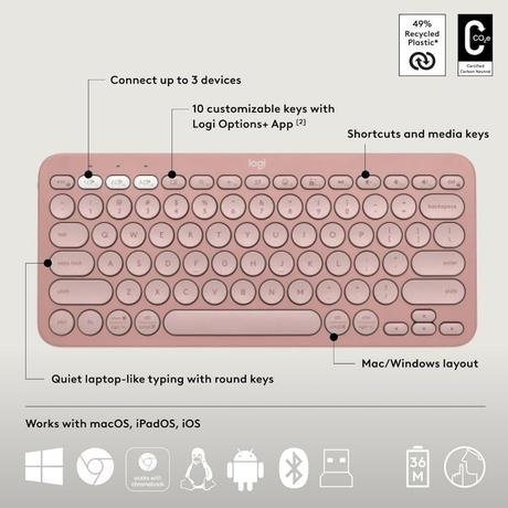 Logitech Pebble 2 Combo, Wireless Keyboard and Mouse, Tonal Rose-5