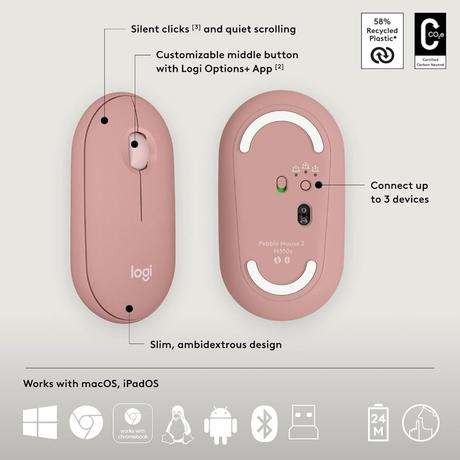 Logitech Pebble 2 Combo, Wireless Keyboard and Mouse, Tonal Rose-6
