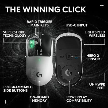 Logitech PRO X2 SUPERSTRIKE Lightspeed Wireless Gaming Mouse with The Fastest Click in the World, Ultra Lightweight (61 g), Customizable Click Haptics, USB-C Charging, for PC/Mac/Laptop (Black and White)-3
