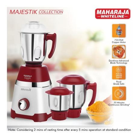 Maharaja Whiteline Duramaxx 750W 3 Jars Mixer Grinder, 20000 RPM Powerful Motor, White and Red-1
