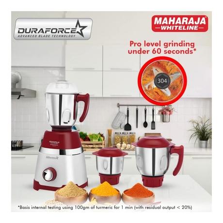 Maharaja Whiteline Duramaxx 750W 3 Jars Mixer Grinder, 20000 RPM Powerful Motor, White and Red-2