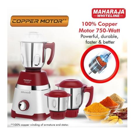 Maharaja Whiteline Duramaxx 750W 3 Jars Mixer Grinder, 20000 RPM Powerful Motor, White and Red-3