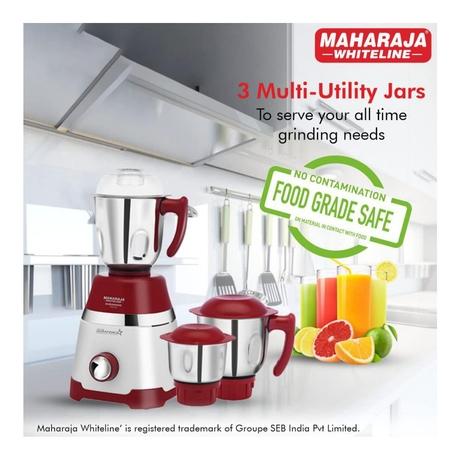 Maharaja Whiteline Duramaxx 750W 3 Jars Mixer Grinder, 20000 RPM Powerful Motor, White and Red-4