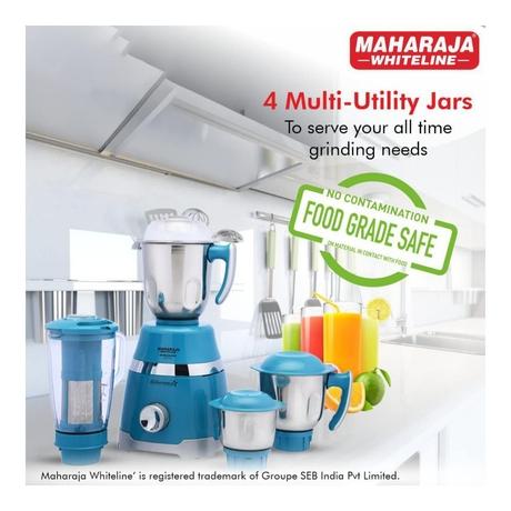Maharaja Whiteline Duramaxx 800 Watts 4 Jars Mixer Grinder, 100 percent Copper Motor, Food Grade Safe, Turquoise Blue and Silver-4