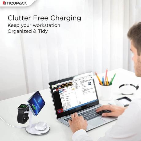 Neopack 3-in-1, 15 W Wireless Magnetic Charging Docking Station for iPhone, Airpods and Apple Watch, upto 15 W for iPhone/5 W for Airpods & 3 W for Apple Watch, Quick Heat Disspation, Over Charge, Circuit & Overnight Charge Protection, Hands free, WMD3IN1-4