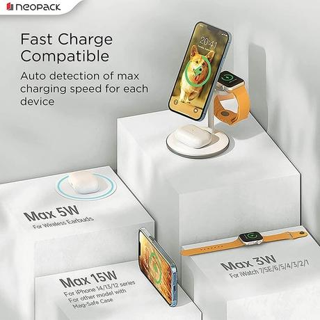 Neopack 3-in-1, 15 W Wireless Magnetic Charging Docking Station for iPhone, Airpods and Apple Watch, upto 15 W for iPhone/5 W for Airpods & 3 W for Apple Watch, Quick Heat Disspation, Over Charge, Circuit & Overnight Charge Protection, Hands free, WMD3IN1-5