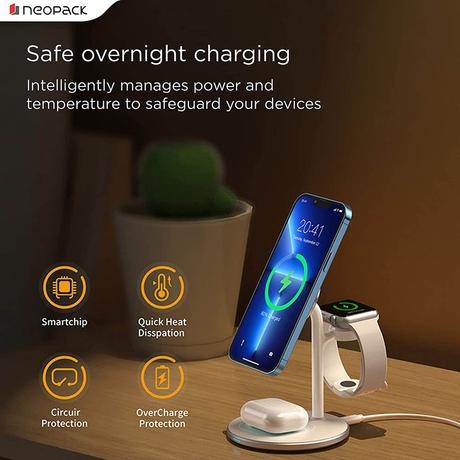 Neopack 3-in-1, 15 W Wireless Magnetic Charging Docking Station for iPhone, Airpods and Apple Watch, upto 15 W for iPhone/5 W for Airpods & 3 W for Apple Watch, Quick Heat Disspation, Over Charge, Circuit & Overnight Charge Protection, Hands free, WMD3IN1-6