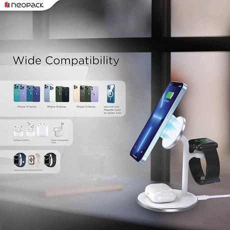 Neopack 3-in-1, 15 W Wireless Magnetic Charging Docking Station for iPhone, Airpods and Apple Watch, upto 15 W for iPhone/5 W for Airpods & 3 W for Apple Watch, Quick Heat Disspation, Over Charge, Circuit & Overnight Charge Protection, Hands free, WMD3IN1-7