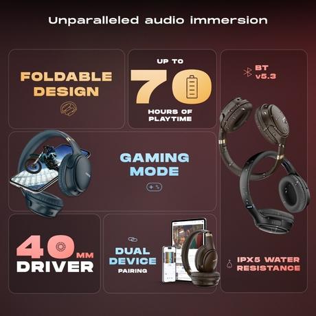 Noise Three Wireless Headphone, Upto 70 hrs of playtime, Dual Device Pairing, Gaming Mode, Foldable, 40mm driver, IPX5 Water Resistance, Blutooth v5.3, Charging Indicator, Jet Black-2