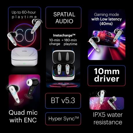 Noise Buds Combat X Truly Wireless Bluetooth Earbuds, Upto 60 Hours of playtime, IPX5 water resistance, 10mm Driver, Blutooth v5.3, Quad mic with ENC, Hyper Sync, Instacharge, Covert White-1