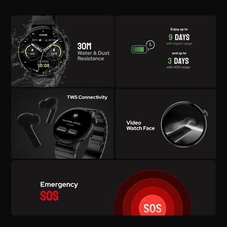Noise Pro 6R 3.7 cm (1.46 inch) AMOLED Smart Watch, 1000 NITS, Powered by AI Pro, Built-in GPS, Strava Integration, Stainless Steel Dial, Video Watch Faces,3ATM, Emergency SOS, TWS Connectivity (Classic Black)-7