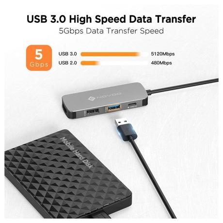 Novoo 4-in-1 USB-C Hub with USB 2.0 Port, USB 3.0 Port, USB-C PD Port, HDMI Port, Dark Grey-4