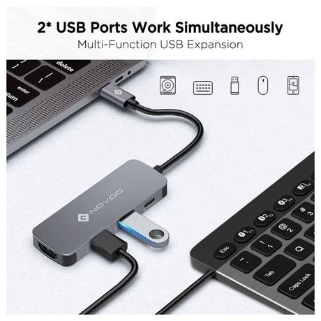 Novoo 4-in-1 USB-C Hub with USB 2.0 Port, USB 3.0 Port, USB-C PD Port, HDMI Port, Dark Grey-5