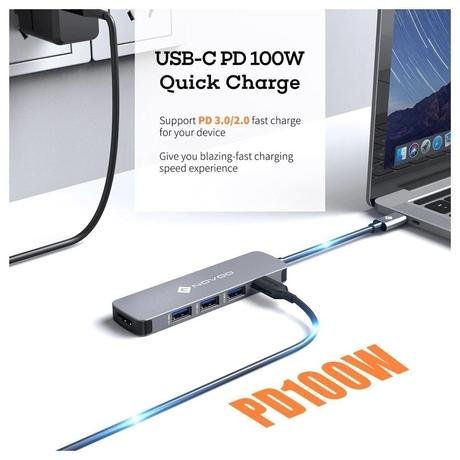 Novoo 5-in-1 Pro USB-C Hub with 3 USB-A Port, USB-C PD Port, HDMI Port, Dark Grey-3