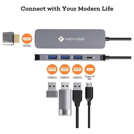 Novoo 5-in-1 Pro USB-C Hub with 3 USB-A Port, USB-C PD Port, HDMI Port, Dark Grey-7