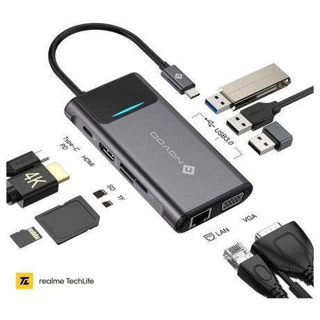Novoo 9-in-1 Pro USB-C Hub with 3 USB-A Port, USB-C PD Port, HDMI Port, SD Card and TF Slot, VGA Port, Ethernet Port, Dark Grey-1