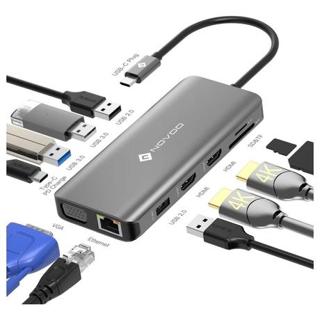 Novoo 11-in-1 USB-C Hub with 4 USB-A Port, USB-C PD Port, 2 HDMI Port, SD Card and TF Slot, VGA Port, Ethernet Port, Dark Grey-1